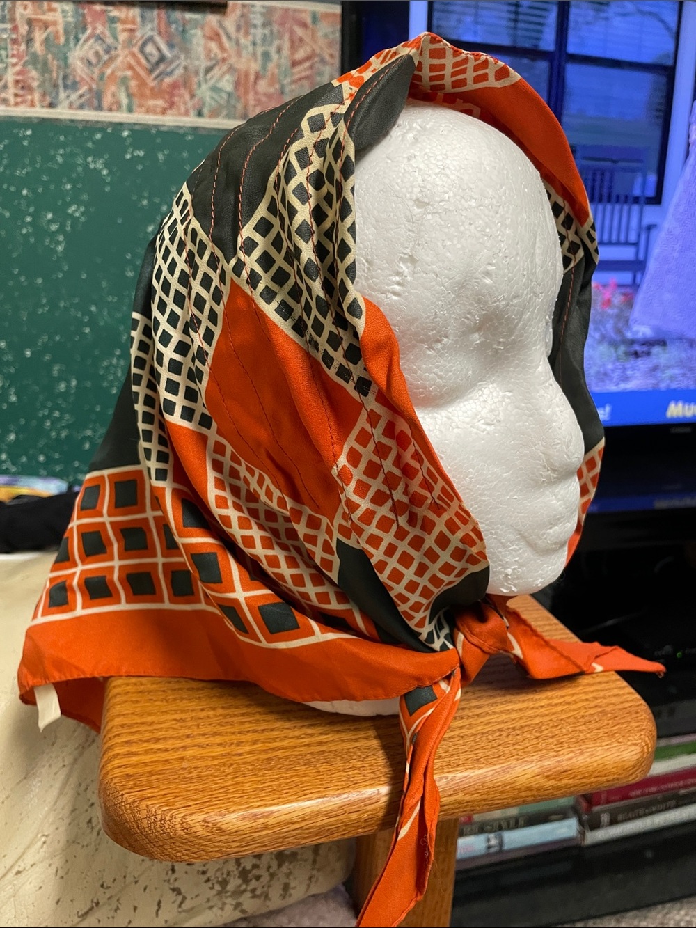 Vintage 70s Geometric Orange and Brown Square Print Headscarf